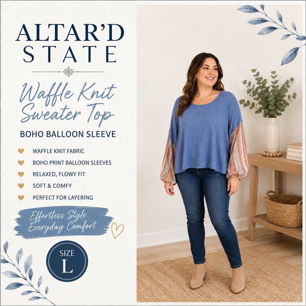 Altar’d State Womens Waffle Knit Sweater Top Blue Boho Balloon Sleeve Size Large